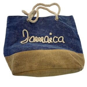 Jamaica Beach Tote‎ Bag Blue Jute Rope Handle Travel Carry On 15 x 15